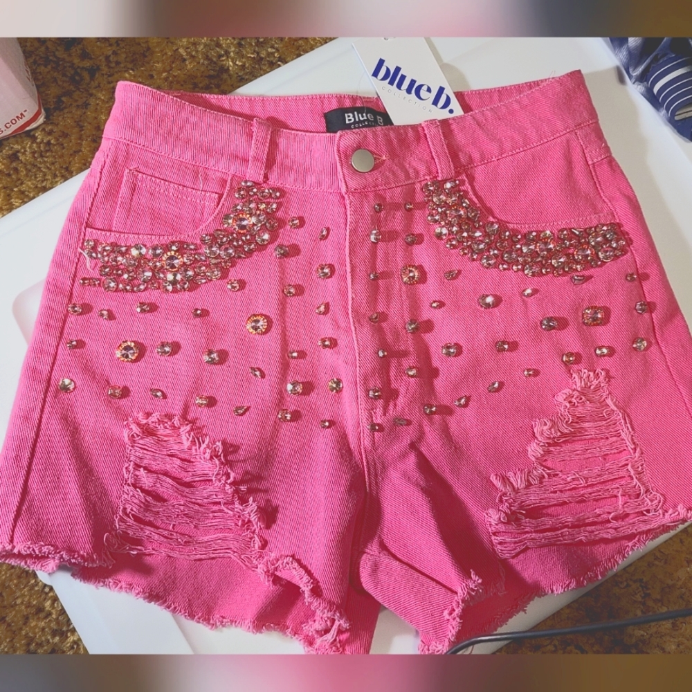 blue.b Pink Rhinestone Distressed Denim Shorts